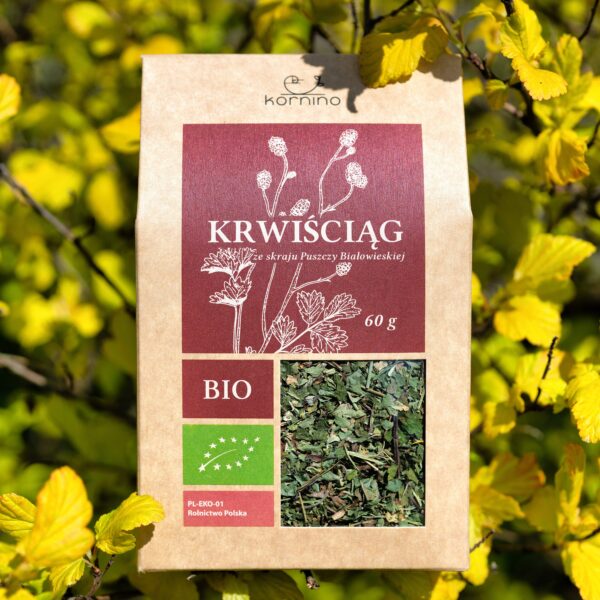 Suszony krwiściąg prezentowany na tle złotych liści - naturalny, wysokiej jakości produkt ekologiczny. Zapakowany w eleganckie, kraftowe opakowanie.